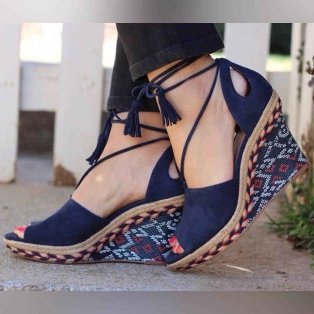 CAbi Navy Wedges with Patterned Heel